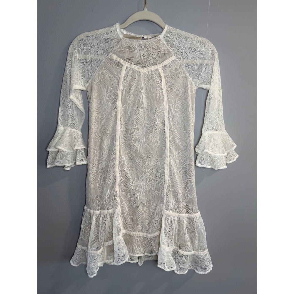 Mia Joy Sage‎ Dress Cream Lace Ruffle Bell Sleeve Mock Neck Size 8